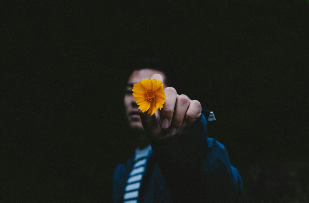 person holding yellow flower in black background